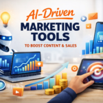 Al-driven marketing tools visual showing data analytics, content optimization, and sales growth dashboards on digital devices.