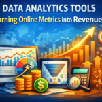 Data analytics tools dashboard showing online metrics, charts, and revenue growth visualization