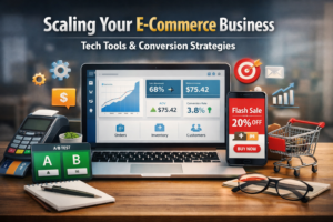 Realistic e-commerce dashboard Ul showing sales growth, conversion rate optimization tools, checkout metrics, and digital marketing technology for scaling an online store