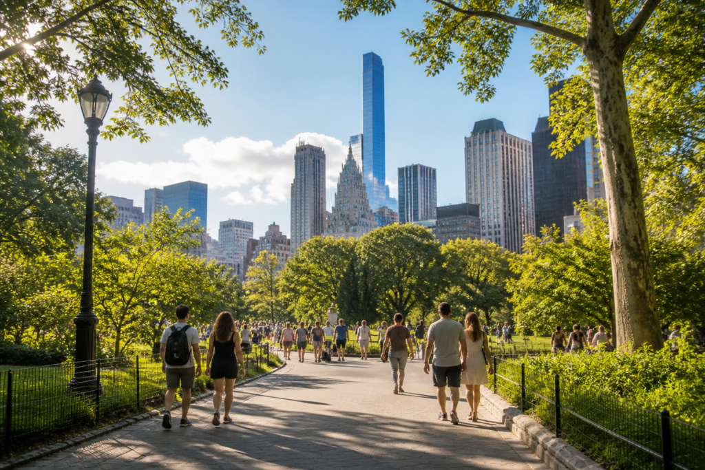 People walking in a sunny city park with a skyline behind them.