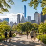 People walking in a sunny city park with a skyline behind them.