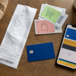 Shopping receipt, card, coupons, and phone on a table.
