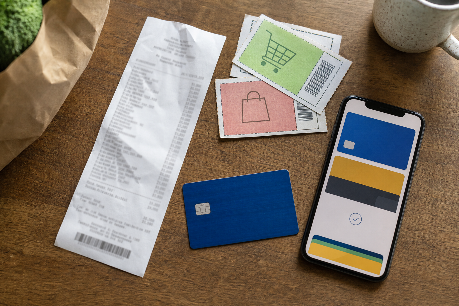 Shopping receipt, card, coupons, and phone on a table.